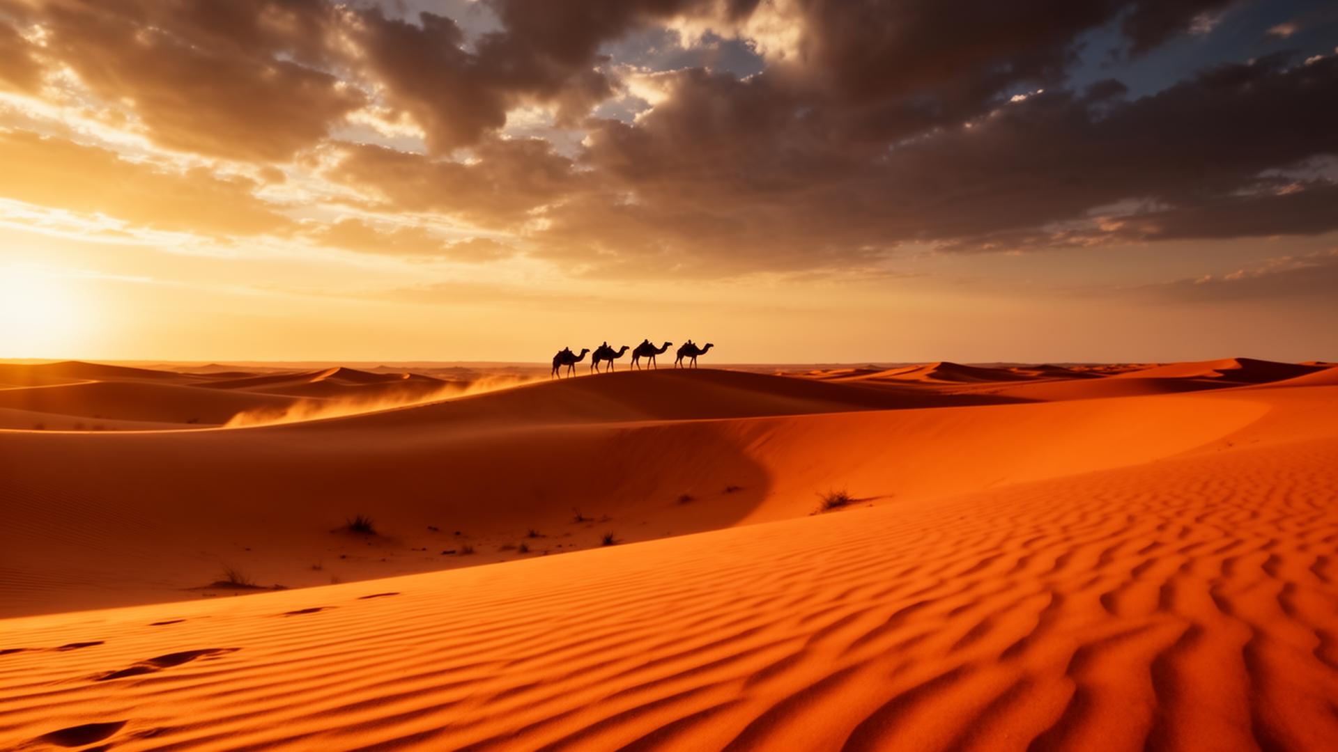 Sahara desert at golden hour with a camel caravan crossing the dunes